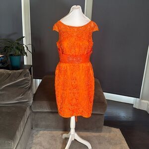 Women’s Orange Tea Length Formal Mother of the Bride Dress Corset Back Size 14